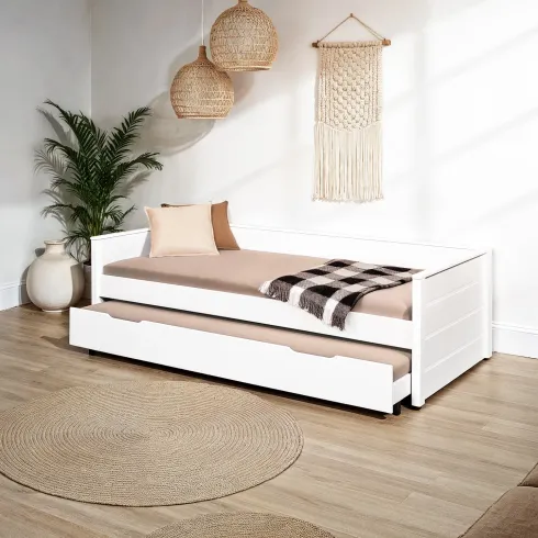 Letto Singolo Bianco con Cassettone Contenitore Estraibile da Cameretta