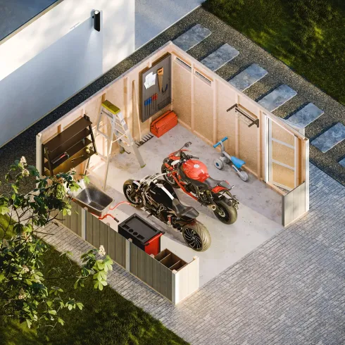 Garage in Legno 368x354 cm Marrone a Pannelli Box con Porta Elettrica
