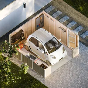 Garage in Legno 368x354 cm Rosso a Pannelli Box con Porta Elettrica 2