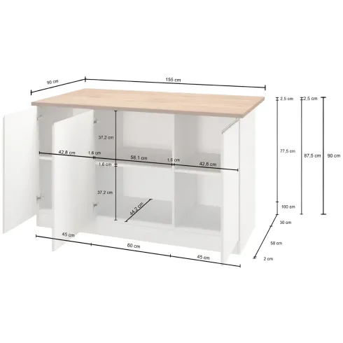 Isola Cucina 3 Ante Bianco Report 155x90x90 cm Legno Nobilitato