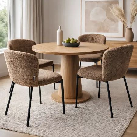 Set 4 Sedie da Pranzo Imbottite in Tessuto Teddy Tortora con Gambe Nere