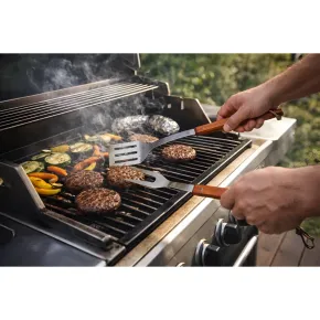 Set 3 Utensili Barbecue Pinza Paletta Forchetta Acciaio Inox Legno 2