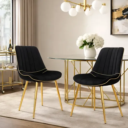 Set 2 Sedie da Pranzo Imbottite Nero Dettagli Oro per Soggiorno Cucina