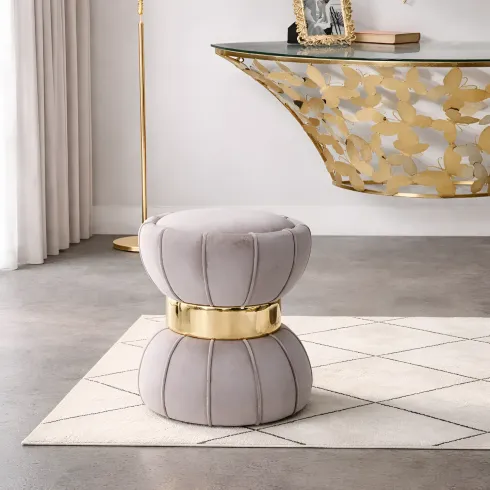 Pouf Imbottito in Velluto Grigio Oro da Soggiorno Camera da Letto