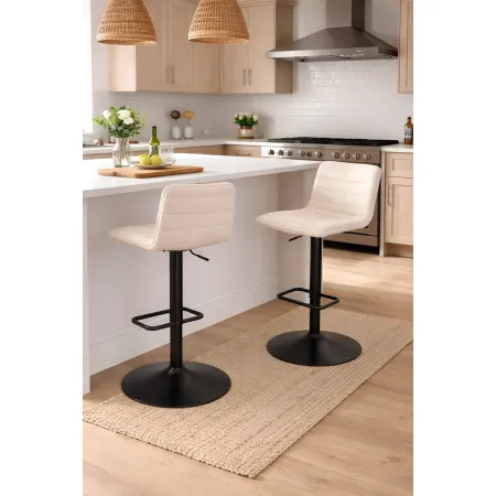 Set 2 Sgabelli Bar Regolabili Metallo Nero Tessuto Beige Poggiapiedi