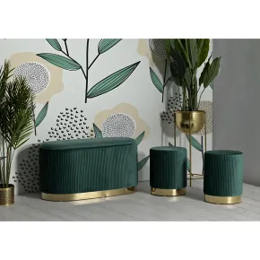 Set Panca Contenitore con 2 Pouf in Velluto Verde Oro Camera Salotto 2