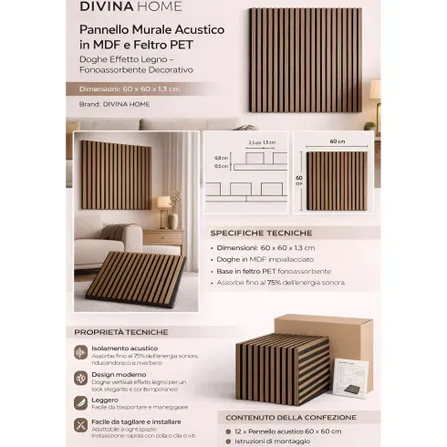Set 12 Pannelli Acustici MDF Feltro PET 60x60 cm Effetto Legno Noce
