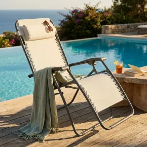 Sedia Sdraio Pieghevole in Textilene Beige da Spiaggia Giardino Balcone 2