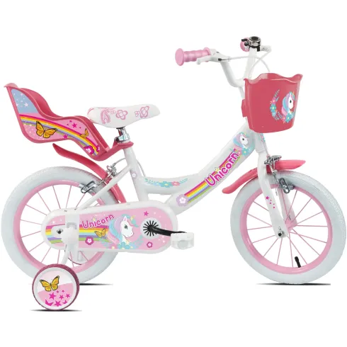 Bicicletta per Bambini 16" Rosa Unicorno Rotelle Removibili Cestino