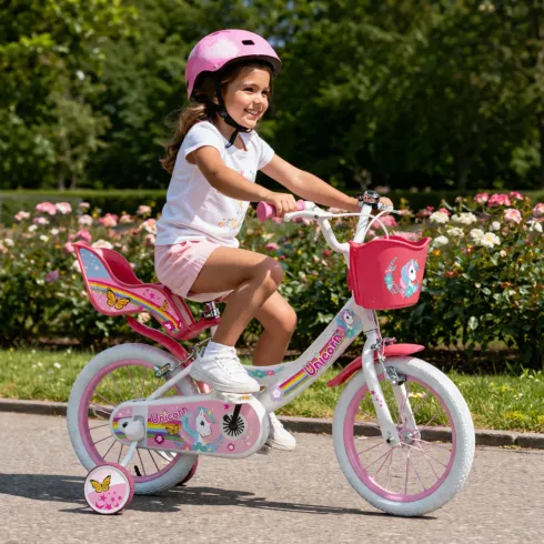 Bicicletta per Bambini 16" Rosa Unicorno Rotelle Removibili Cestino