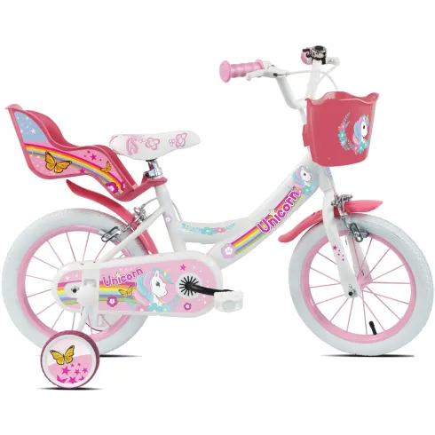 Bicicletta per Bambini 14" Rosa Unicorno Rotelle Removibili Cestino