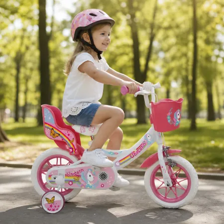 Bicicletta per Bambini 12" Rosa Unicorno Rotelle Removibili Cestino