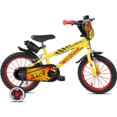 Bicicletta Bambini 16" Giallo Rotelle Removibili Turbo Race Borraccia