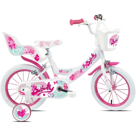 Bicicletta Bambini 14" Bianco Rotelle Removibili Seggiolino Cestino