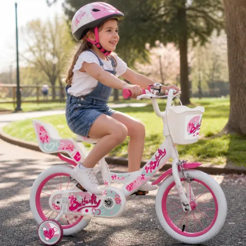 Bicicletta Bambini 14" Bianco Rotelle Removibili Seggiolino Cestino