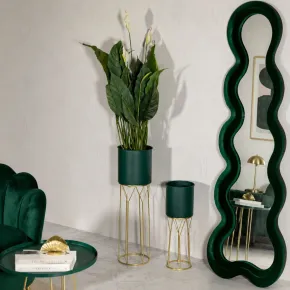 Set 2 Portavasi Metallo Verde Oro 23-19 cm Coppa Interna Portapiante 2