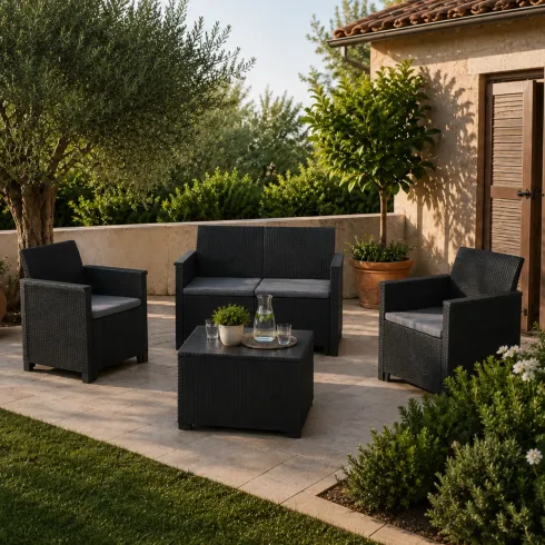 Salottino da Esterno 4 Posti in Resina Effetto Rattan con Tavolino