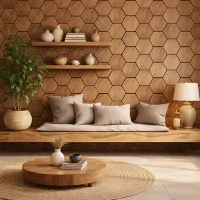 Set 12 Pannelli Acustici Esagonali MDF Feltro PET 76x62 Effetto Rovere 2