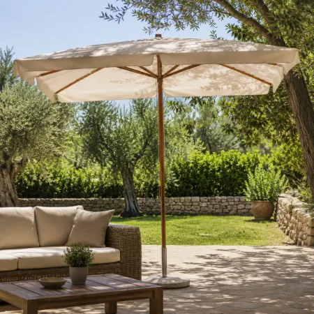 Ombrellone in Legno 3x4 Rettangolare Ecru con Palo Centrale Giardino