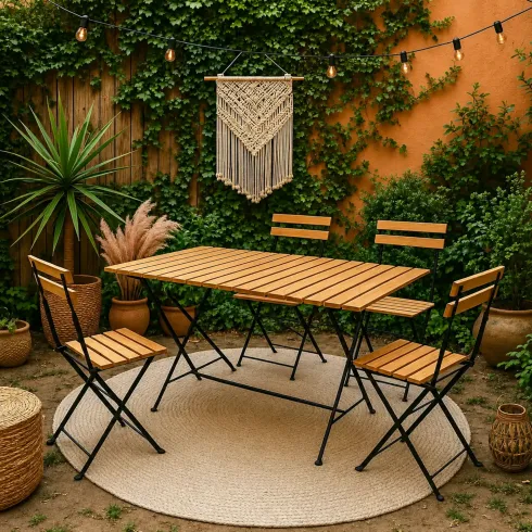 Set Tavolo da Giardino 55x110 cm con 4 Sedie Metallo Nero Legno