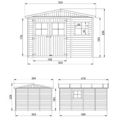 Casetta da Giardino 3x4 m Legno 17 mm Pavimento Doppia Porta Finestre