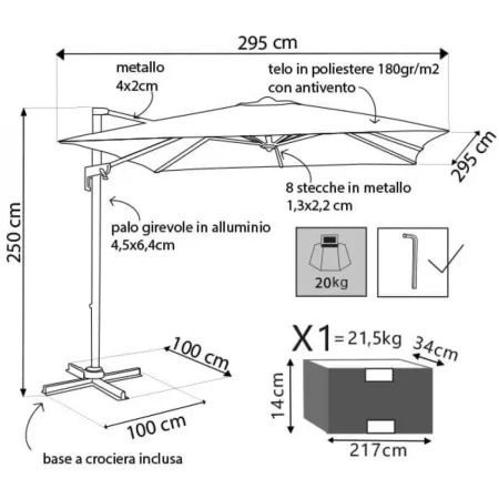 Ombrellone per Giardino 3x3 Palo Laterale Acciaio Nero Telo Grigio