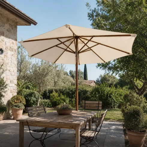 Ombrellone Tondo 3 mt Ecru Palo Centrale Legno Antivento Giardino Professionale | BricoShop24
