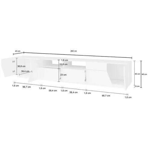 Mobile Porta TV 260 cm Bianco Laccato Acero 4 Ante 2 Cassetti Legno