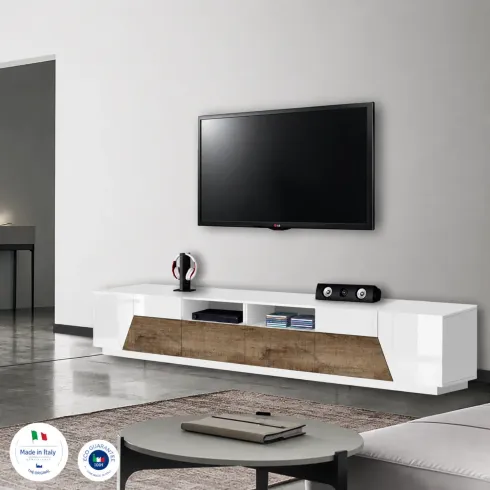 Mobile Porta TV 260 cm Bianco Laccato Acero 4 Ante 2 Cassetti Legno