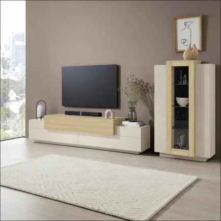 Parete Attrezzata Soggiorno 280 cm Porta TV Vetrina Legno Beige Rovere