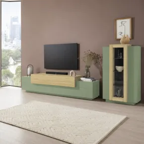 Parete Attrezzata Soggiorno 280 cm Verde Salvia Rovere Porta TV Vetrina 2