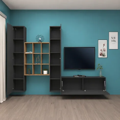 Parete Soggiorno Attrezzata 350 cm TV Colonne Libreria Antracite Rovere