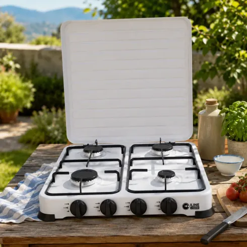 Fornello a Gas GPL 4 Fuochi Portatile 6,2 kW con Coperchio da Esterno