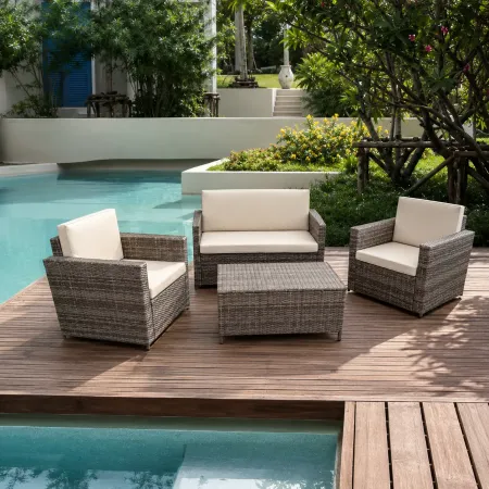 Salotto Giardino Grigio Effetto Rattan Divano Poltrone Tavolo Cuscini