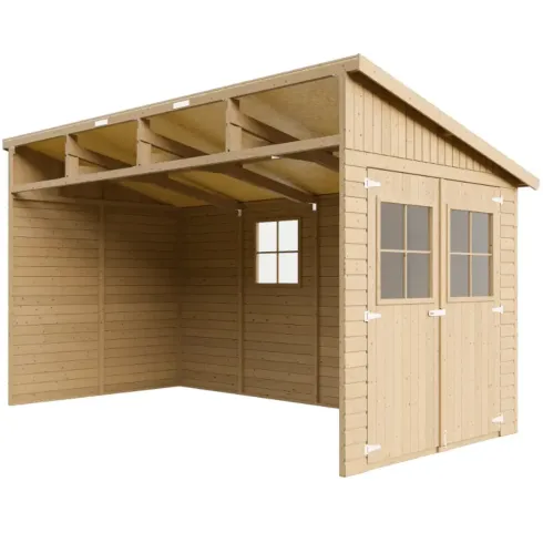 Casetta da Giardino 2x4 m in Legno 17 mm Addossata Aperta Doppia Porta
