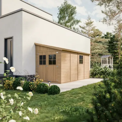 Casetta da Giardino 2x4 m in Legno 17 mm Addossata Aperta Doppia Porta