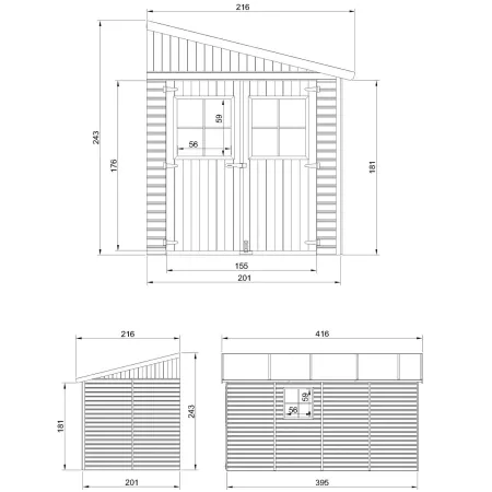 Casetta da Giardino 2x4 m in Legno 17 mm Addossata Aperta Doppia Porta