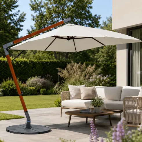 Ombrellone da Giardino Palo Laterale in Legno 4x4 m Ecrù con Manovella