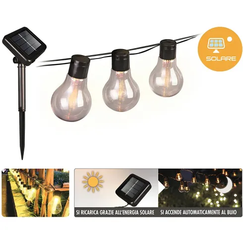 Filo Luci per Gazebo Pergole Energia Solare 10 LED 3W Luce Calda 5m