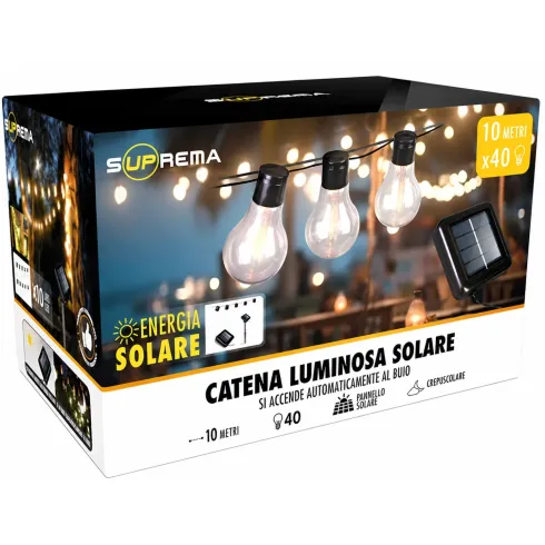 Filo Luci per Gazebo Pergole Energia Solare 40 LED 12W Luce Calda 10m