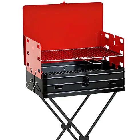 Barbecue a Carbonella Richiudibile a Valigetta con Griglia Regolabile
