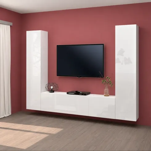 Parete per Soggiorno da Pavimento Sospesa Bianco Lucido Mobile TV