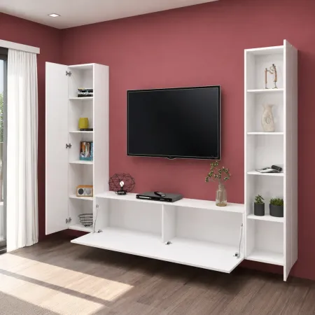Parete per Soggiorno da Pavimento Sospesa Bianco Lucido Mobile TV