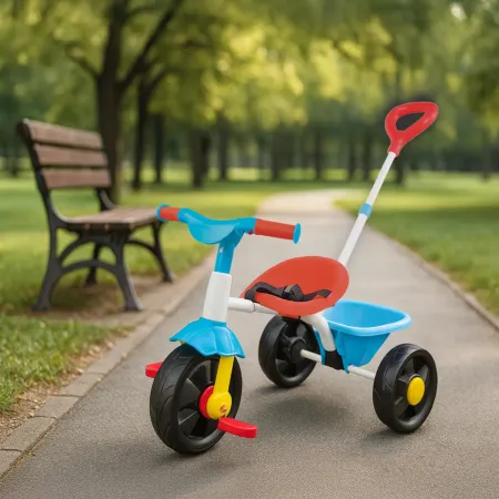 Triciclo Bambini Blu Rosso Giallo in Metallo Cestino Ribalta Cintura
