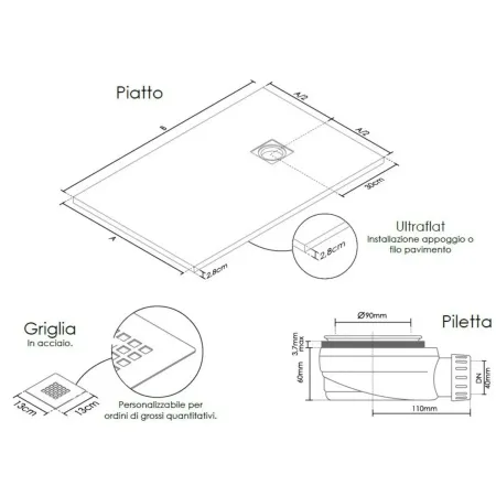 Piatto Doccia Rettangolare 70 80 90 100 120 Effetto Pietra Ultra Slim Avorio