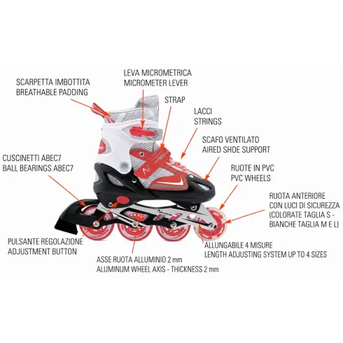Pattini in Linea Bambini Regolabili 38-41 Rosso con Cuscinetti ABEC 7