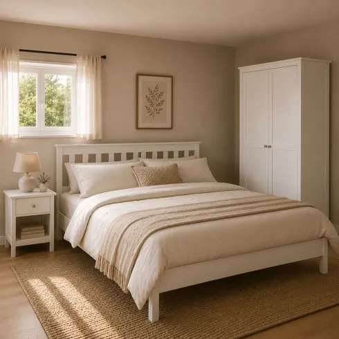 Letto alla Francese 140x200 cm in Pino Massello Bianco con Testiera