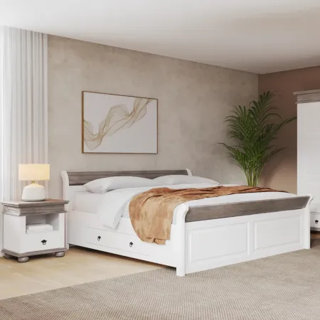 Letto Matrimoniale 180x200 cm Legno Bianco Grigio Cenere con Cassetto