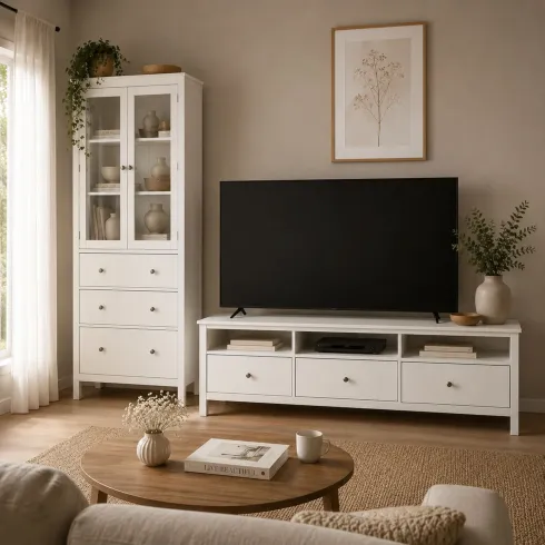 Mobile Porta Tv da Pavimento Bianco 3 Cassetti Vani a Giorno Soggiorno