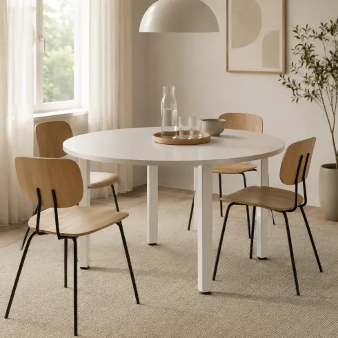 Tavolo Rotondo da Pranzo 120x120 cm Bianco Gambe Alluminio Regolabili